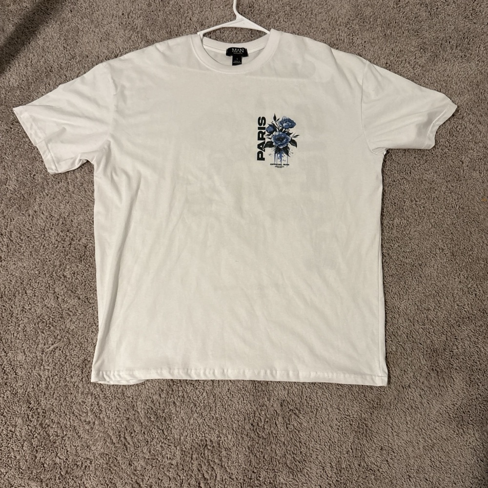Boohoo White Tee with Blue Paris Graphic